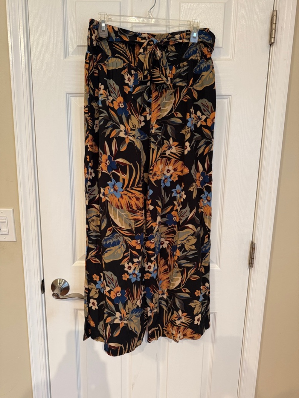 Wide Leg Floral Print Pants - Black with Blue & Tan Floral